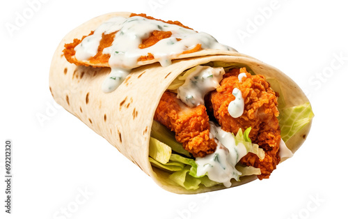 Tangy Twist: Buffalo Chicken Encased Isolated on Transparent Background PNG.