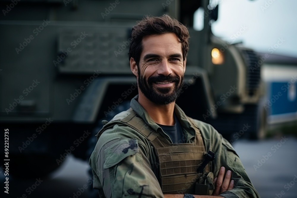 Portrait of a handsome soldier standing with arms crossed in front of a military vehicle Portrait of a handsome soldier standing with arms crossed in front of a military vehicle