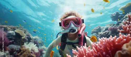 Back view of full body anonymous kid traveler in diving mask and flippers swimming underwater and enjoying beautiful coral reef and undersea world. Copy space image. Place for adding text or design photo