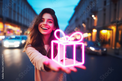 happy girl holds out a neon glowing gift against the backdrop of a city street.