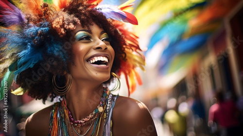 copy space, Cheerful black woman has fun on Mardi Gras street carnival while wearing a costume. Perfect for carnival, Mardi Gras, party, celebration, and theme-related concepts. Carnival background.