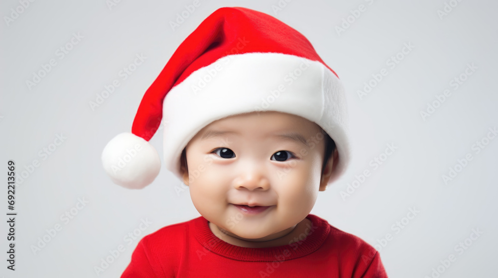 Portrait of an asian baby with a christmas hat on white studio background Portrait of an asian baby with a christmas hat on white studio background