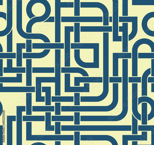 Abstract geometric composition of intersecting blue lines on a white background. Metro map style. Tangles pipes. Connection concept. Modern texture. Seamless repeating pattern. Vector illustration.