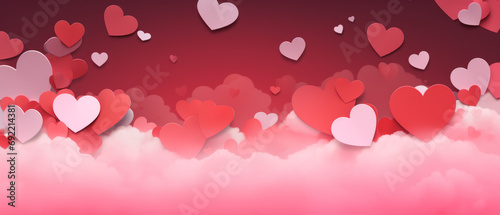 Pink colored sky background with hanging hearts, in the style of Valentines day wallpaper.