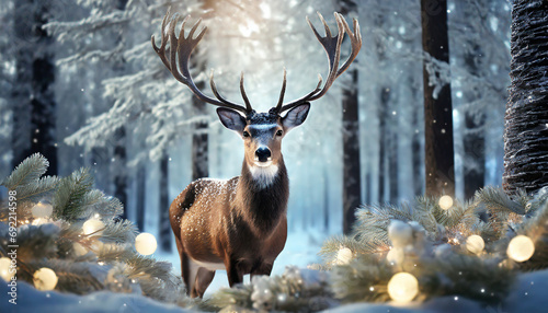 Deer in the winter forest with new year's decor, fantasy scene. 