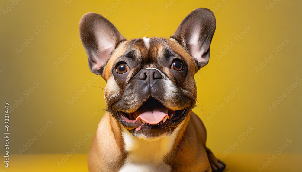 Happy cute dog. French Bulldog on the yellow background 
