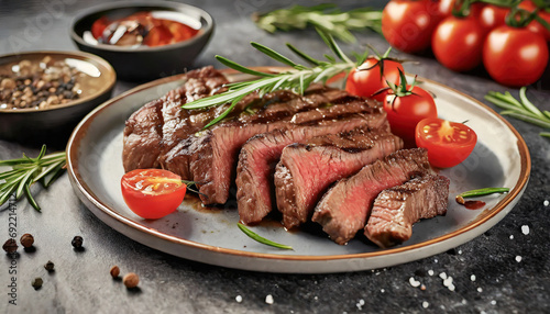 Grilled sliced Beef Steak with tomatoes and rosemary on a plate over stone background, top view.