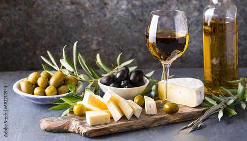 olives and cheese with a glass of wine