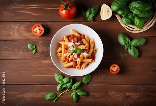 Penne pasta in tomato sauce and cheese decorated with basil on a wooden background top view