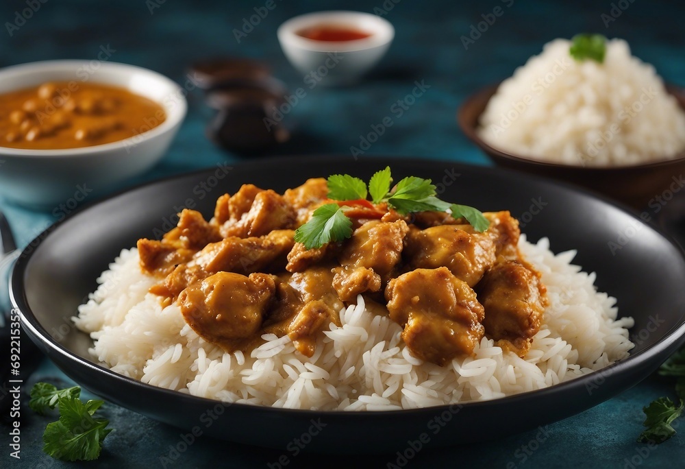 Spicy chicken cooked with curry sauce and rice top view Spicy chicken cooked with curry sauce and rice top view