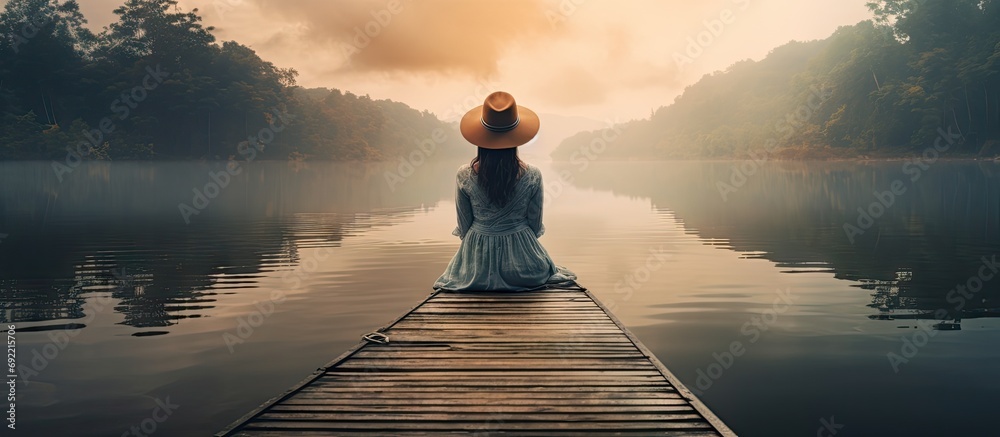 Back view of fashioned young woman sitting on wooden dock looking at view on a misty morning Female hipster with brown hat relaxes on the edge of jetty admiring foggy lake Wonderful nature geta - obrazy, fototapety, plakaty 