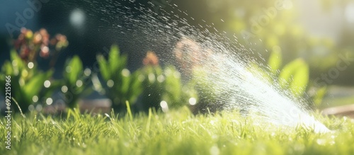automatic sprinkler lawn watering system water in motion blur. Copy space image. Place for adding text or design photo