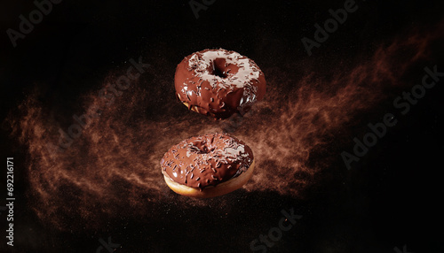 Chocolate doughnut with cocoa powder explosion in motion on a black background