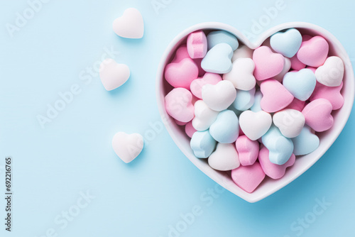 A bowl of heart-shaped candies in pink, white, and blue on a light blue background. photo