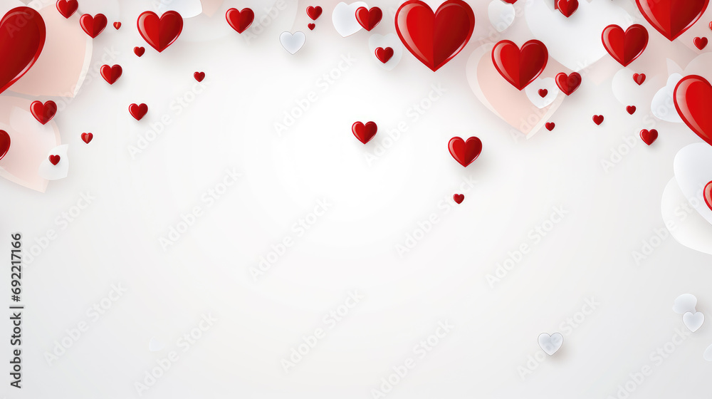 Happy Valentine Day poster or banner design decorated with glossy hearts on white background with space for your product image 