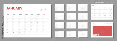 Set of Monthly page Calendar Planner Template and cover with Place for Photo and Company Logo on 2024. Vector layout of a wall or desk calendar with week start Monday. Pages for size A4 for print.