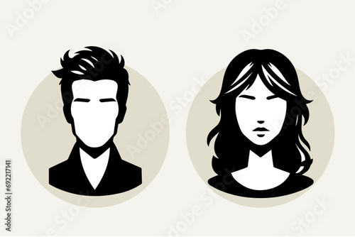 Vector illustration representing silhouettes of male and female faces or icons used as avatars or profiles for unnamed or anonymous individuals. The illustration shows portraits of a man and a woman. 