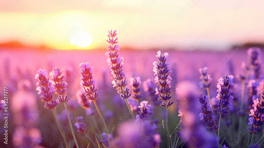 Obraz premium Wide field of lavender in summer sunset, panorama blur background. Autumn or summer lavender background. Shallow depth of field.
