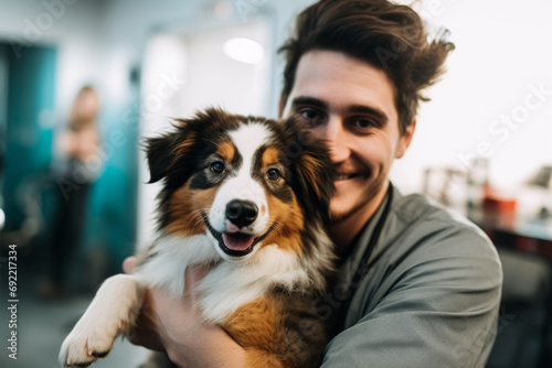 A cheerful male veterinarian in grey scrubs holds a happy Australian Shepherd, both looking towards the camera.
