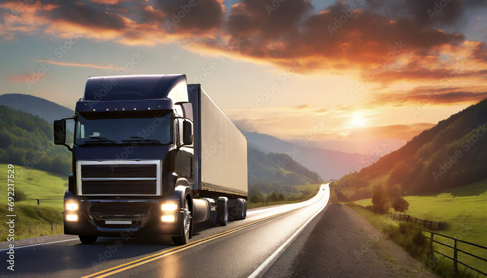 Truck driving on the road at sunset, transportation and logistics concept