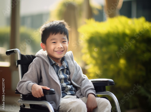 Young disabled Asian boy sitting in a wheelchair outdoors. H is happy and smiling at the camera.