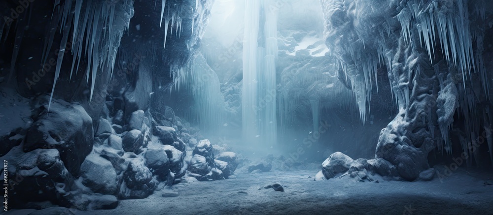 Beautiful long icicles of a frozen waterfall with water flowing and crashing down and Ice water dripping from the tips of icicles in a cold eery and moody atmosphere in a cave in the mountains - obrazy, fototapety, plakaty 