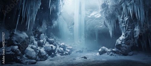 Beautiful long icicles of a frozen waterfall with water flowing and crashing down and Ice water dripping from the tips of icicles in a cold eery and moody atmosphere in a cave in the mountains photo