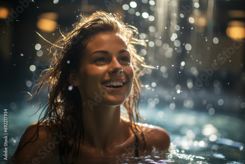 Bella donna sorridente in una piscina in un centro termale con spruzzi di acqua e gocce di notte photo