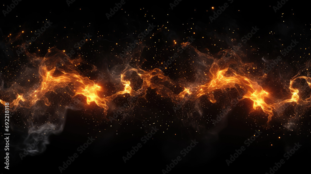 Realistic isolated fire effect for decoration and covering on black background. Concept of particles , sparkles, flame and light on white background  - obrazy, fototapety, plakaty 