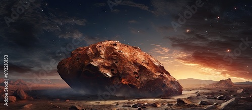 Alien Rock with space background and a brown planet. Copy space image. Place for adding text or design photo