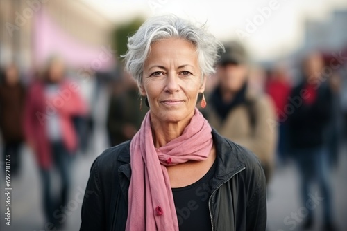 Portrait of a beautiful senior woman with gray hair and pink scarf