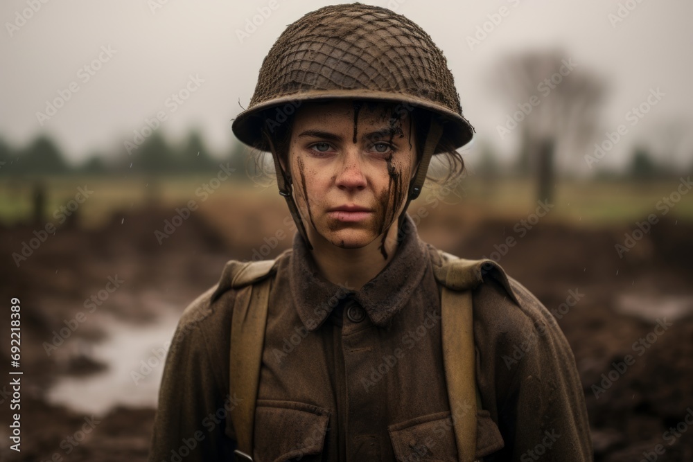 Portrait of a girl in a military uniform in the rain.