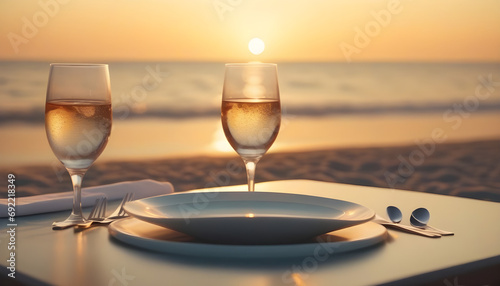 A table with glasses and cutlery on the luxury beach at sunset Valentine's Day celebration created with generative ai photo