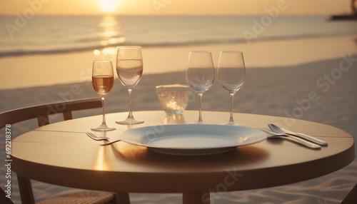A table with glasses and cutlery on the luxury beach at sunset Valentine's Day celebration created with generative ai