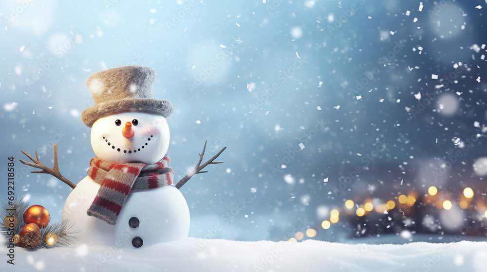 A delightful snowman adorned with a golden hat and scarf, nestled in a snowy and golden environment, creating a picturesque winter scene. Perfect for personal messages, greeting cards, and company car