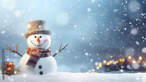 A delightful snowman adorned with a golden hat and scarf, nestled in a snowy and golden environment, creating a picturesque winter scene. Perfect for personal messages, greeting cards, and company car © ByKhan