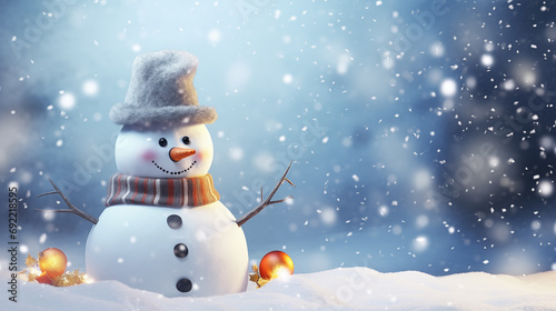 A delightful snowman adorned with a golden hat and scarf, nestled in a snowy and golden environment, creating a picturesque winter scene. Perfect for personal messages, greeting cards, and company car