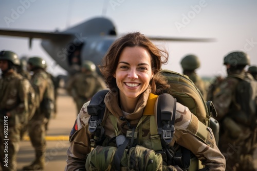 Portrait of smiling female soldier with backpack standing in front of military airplane photo