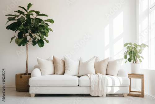 A bright room with a white couch adorned with beige pillows, a large potted plant, and a small plant on a wooden stand. photo