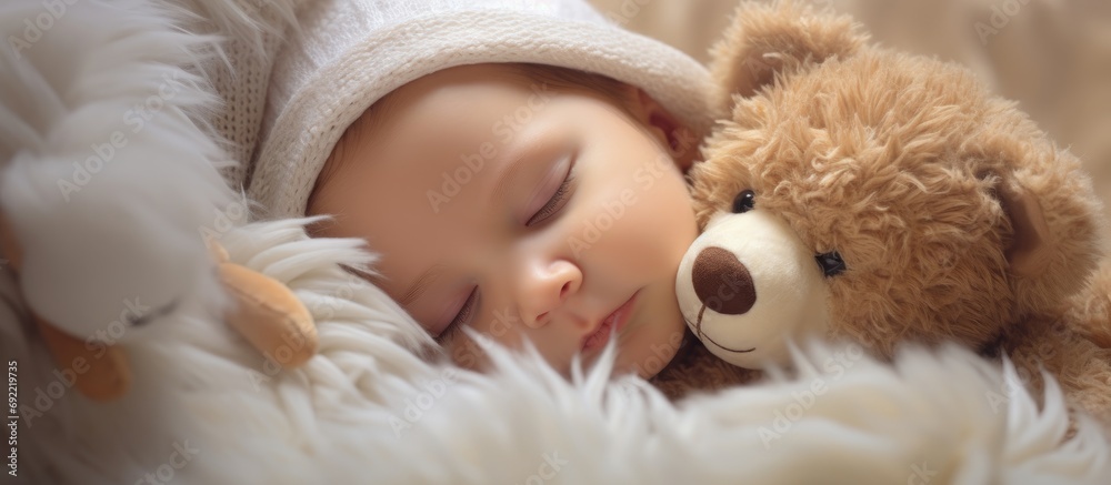 Baby sleeping on white fur with stuffed animal. Copy space image. Place for adding text or design Baby sleeping on white fur with stuffed animal. Copy space image. Place for adding text or design