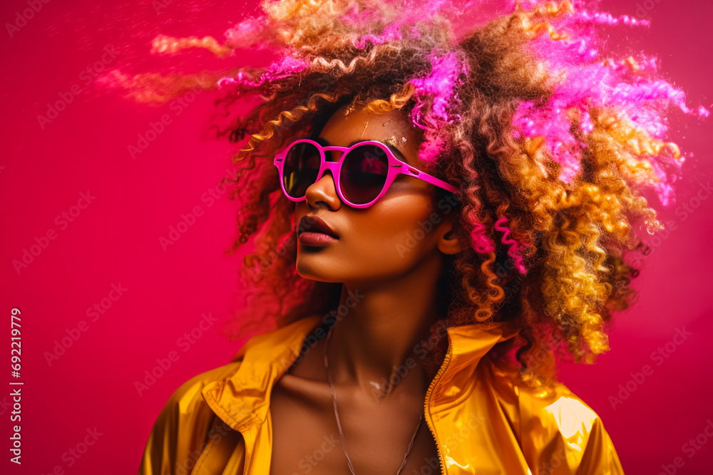 A woman with voluminous curly hair and pink sunglasses stands out against a vibrant pink background, exuding style and confidence.
