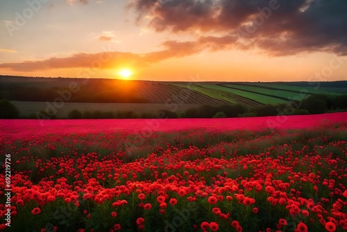 Create a picturesque view of a vibrant flower field stretching to the horizon