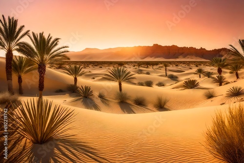 Desert Oasis Mirage: Create an oasis in the desert, contrasting the golden sands with a brilliant, cloudless sky
