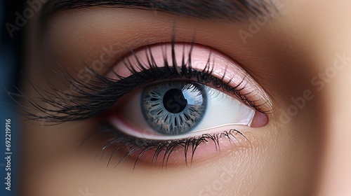 Close up view of beautiful blue female eye with extra long eyelashes.