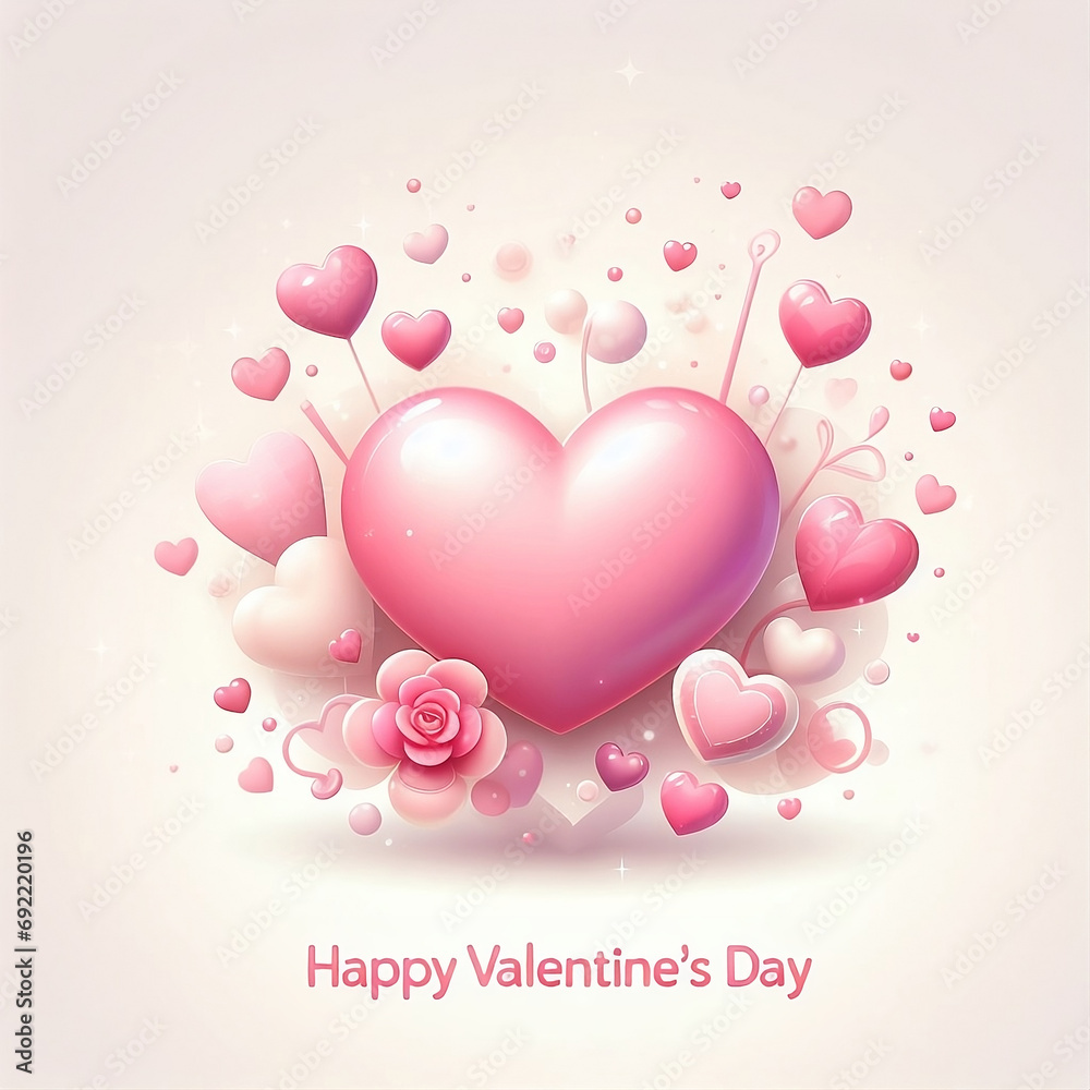 Sweet pink heart and lovely hearts on light background with clean typography, Happy Valentine's Day created with generative ai