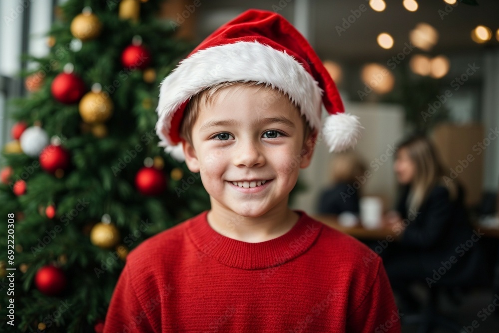 Cute Russian boy kid in santa claus hat on christmas modern office or street background. At Christmas cute russian boy kid with santa hat smiling look at camera