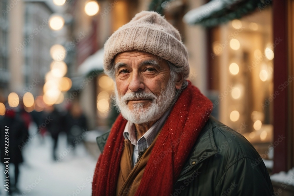 Handsome awesome French old man in Santa Claus hat, muffler and jacket. Fashionable french old man in winter clothes over snowy background. Winter background in street or office blurry Handsome awesome French old man in Santa Claus hat, muffler and jacket. Fashionable french old man in winter clothes over snowy background. Winter background in street or office blurry
