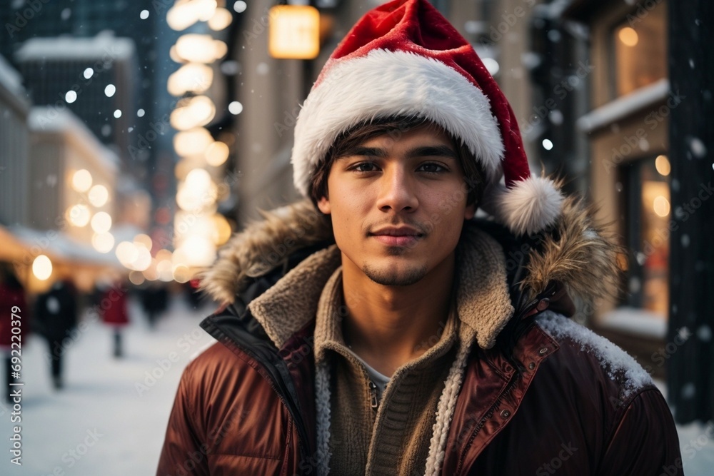 Handsome awesome young man in Santa Claus hat. Fashionable young man in winter clothes over snowy background. Winter background in street or office or clinic blurry Handsome awesome young man in Santa Claus hat. Fashionable young man in winter clothes over snowy background. Winter background in street or office or clinic blurry
