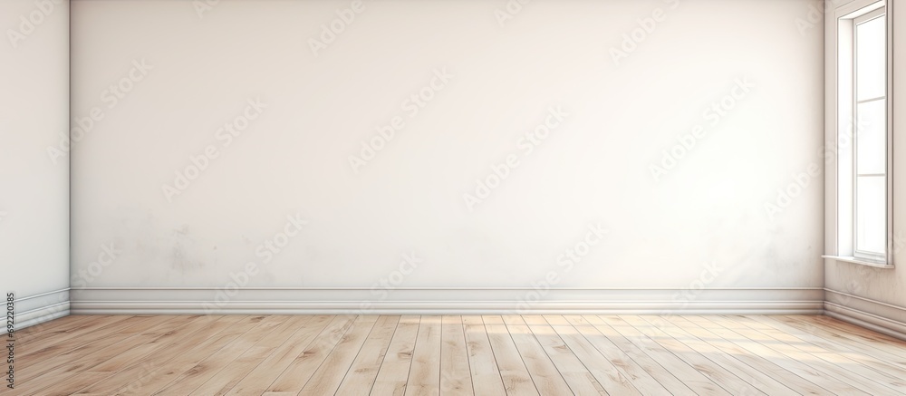 an empty room with wood flooring and white paint on the walls there is a large window in the corner. Copy space image. Place for adding text or design - obrazy, fototapety, plakaty 