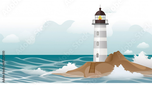 Maritime Illustration, grey and White Lighthouse Overlooking the Blue stormy ocean